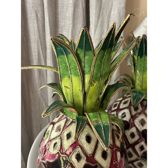 2 Vintage Cloisonné Enameled Pineapple Candlestick Holders Hollywood regency set - Picture 6 of 16